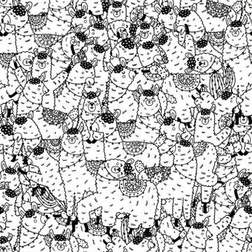 Black and white seamless pattern with funny llamas Stock Illustration