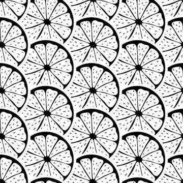 Black and white seamless pattern with sliced pieces of citrus fruit. Stock Stock Illustration