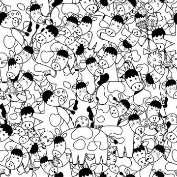 Black and white seamless pattern with funny cows Stock Illustration