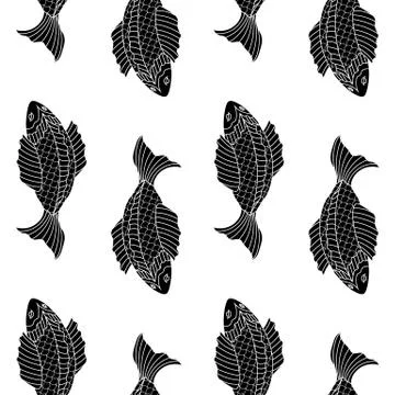 Black and white seamless pattern with drawing fishes Stock Illustration