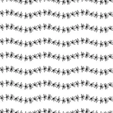 Black and white seamless pattern with doodle twigs waves from branches 스톡 일러스트