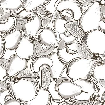 Black and white seamless pattern with peaches and pears in vintage style Stock Illustration