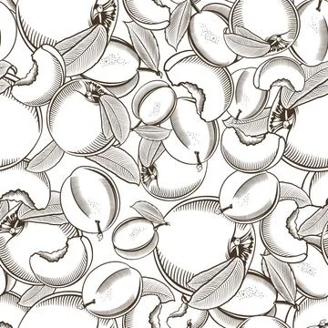 Black and white seamless pattern with peaches and plums in vintage style Stock Illustration