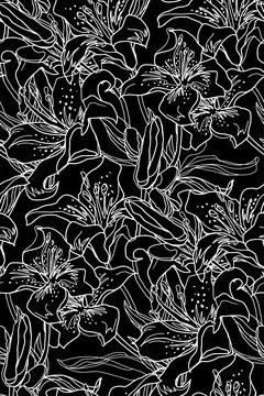 Black and white seamless pattern outline lily hand drawn flowers. Stock Illustration