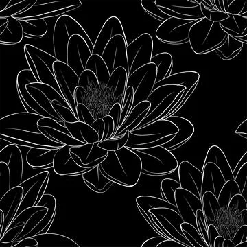 Black and white seamless pattern with lotus flowers. Stock Illustration