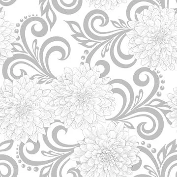 Black and white  seamless pattern with dahlia flowers and abstract floral swi Stock Illustration