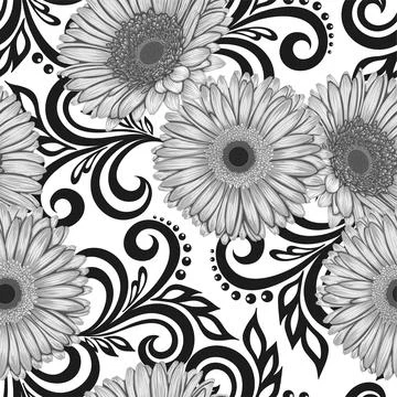 Black and white seamless pattern with gerbera flowers and abstract floral swi Stock Illustration