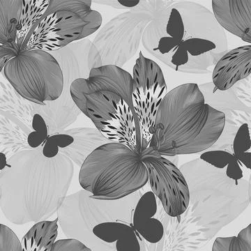 Black and white seamless pattern alstroemeria and silhouettes of butterflies Stock Illustration