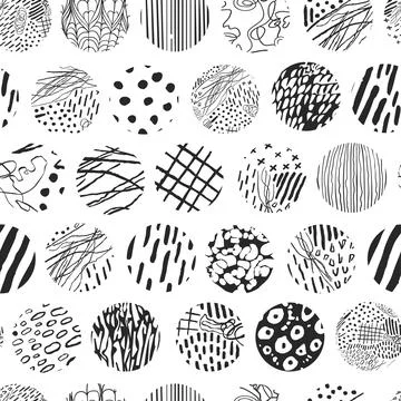 Black and white seamless pattern with hand drawn abstract round elements, doo Illustrazione stock