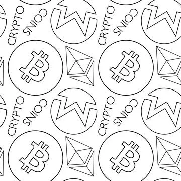 Black and white seamless pattern with Bitcoin, Monero and Ethereum emblems 库存插图
