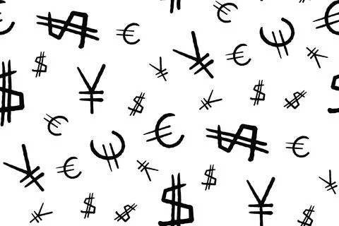 Black and white seamless pattern with symbols of world currencies dollar, euro Stock Illustration