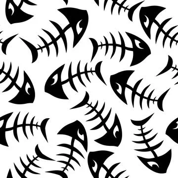 Black and white seamless pattern of fish skeletons, repeating black pattern Stock Illustration