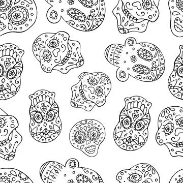 Black and White Seamless Pattern with Traditional Mexican Hand Drawn Skull. Illustrazione stock
