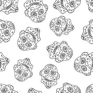 Black and White Seamless Pattern with Traditional Mexican Hand Drawn Skull. Stock Illustration