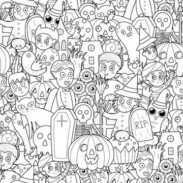 Black and white seamless pattern with Halloween characters. Doodle coloring page Stock Illustration