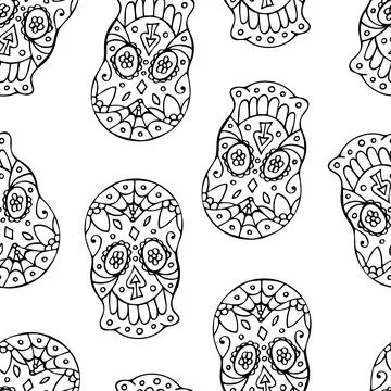 Black and White Seamless Pattern with Traditional Mexican Hand Drawn Skull. Illustration