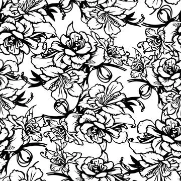 Black and white seamless pattern of rose flowers, texture, design Stock Illustration