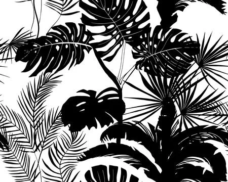 Black and white seamless pattern of tropical plant silhouettes Stock Illustration