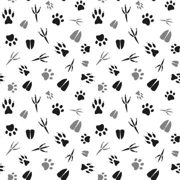 Black and white seamless pattern with traces of various animals and birds. .. Stock Illustration