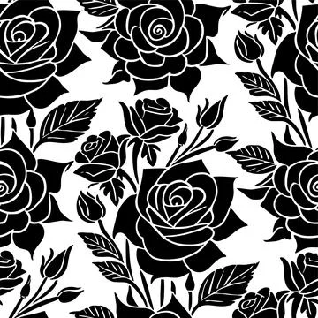 Black and white seamless pattern of rose flowers, texture, design Stock Illustration