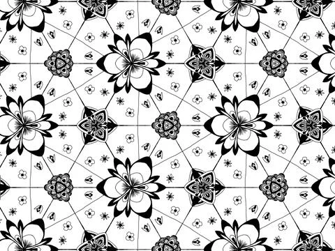 A black and white seamless pattern with delicate, hand-drawn flowers and st.. Stock Illustration