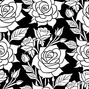 Black and white seamless pattern of rose flowers, texture, design Stock Illustration
