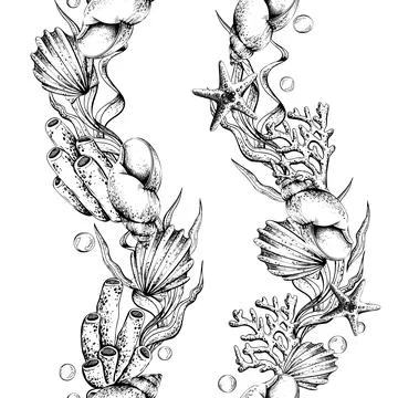 Black and white seamless pattern drawing of shell, coral, seaweed, and starfish Stock Illustration