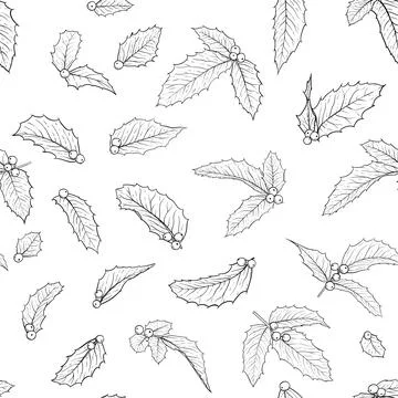 Black and white seamless pattern holly, ilex branch with leaves on white ba.. Stock Illustration
