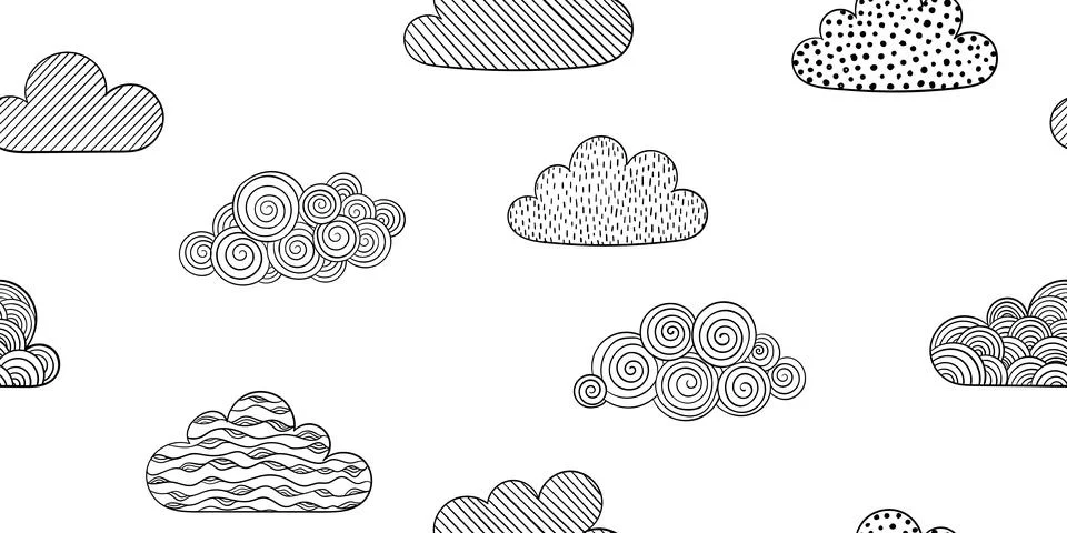 Black and white seamless pattern of doodle clouds. design background greeting イラスト素材