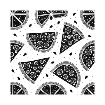 Black and white seamless pattern of stylized citrus slices and seeds fruit fo Stock Illustration