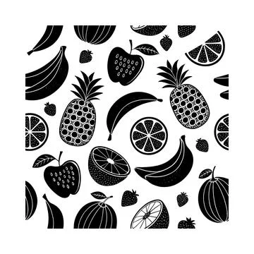 Black and white seamless pattern of assorted fruits and citrus slices fruit.. Stock Illustration