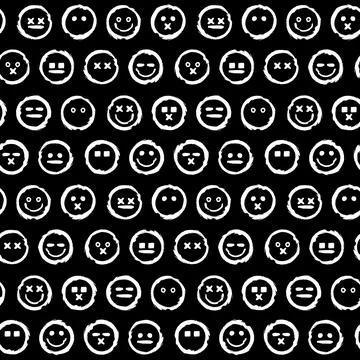 Black and white seamless pattern with expressive emoji faces drawn in rough Stock Illustration