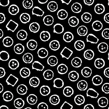 Black and white seamless pattern with grunge emoji faces and speech bubbles in イラスト素材