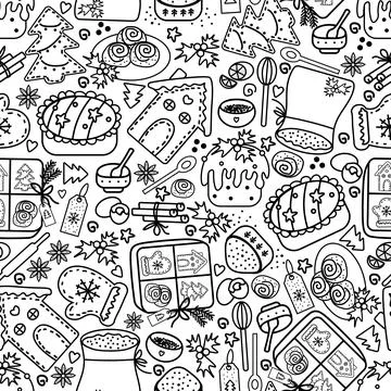 Black and white seamless pattern with Christmas baking and kitchen utensils.. Stock Illustration