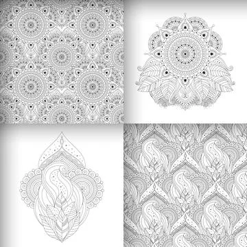 Black and white seamless patterns and ornaments, ethnic, oriental designs 스톡 일러스트