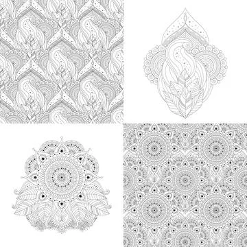Black and white seamless patterns and ornaments, ethnic, oriental designs 스톡 일러스트