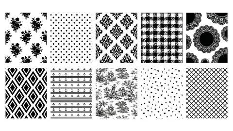 Black and white seamless patterns set with decorative textures and motifs. Stock Illustration