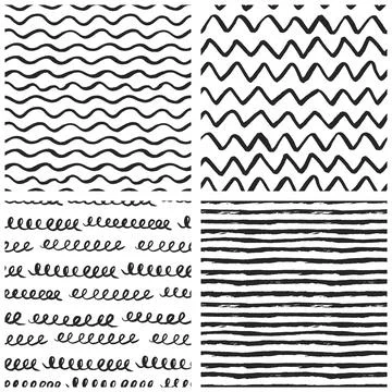 Black and white seamless patterns with hand-drawn brush marks, waves, stripes イラスト素材