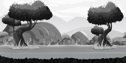 Black and White Seamless spring forest landscape Stock Illustration