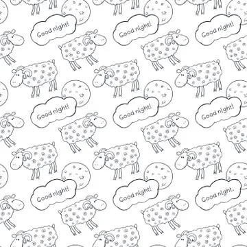 Black and white seamless vector pattern with images cute sheep on background  Stock Illustration