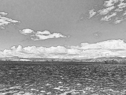 Black and white seascape with distant ship and dramatic clouds Illustrazione stock