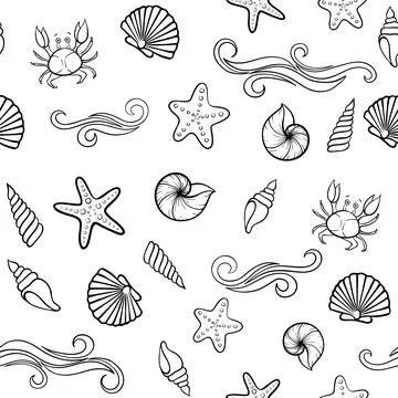 Black and white Seashell seamless pattern. design for holiday greeting card.. Stock Illustration