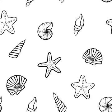 Black and white Seashell seamless pattern. design for holiday greeting card.. Illustrazione stock