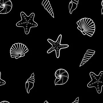 Black and white Seashell seamless pattern. design for holiday greeting card.. Stock Illustration