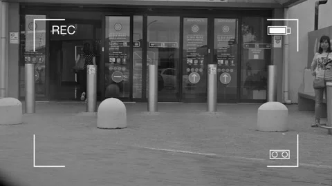 Black and white security camera outside a shopping center  Video stock 140406719