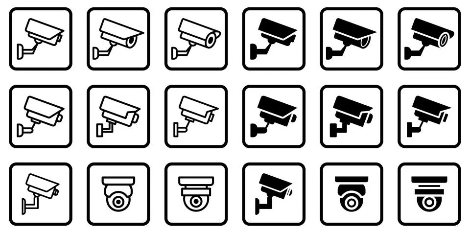 Black and White Security Camera Icons Collection for Surveillance Systems Stock Illustration