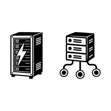 Black and white server rack and network node icons Иллюстрация