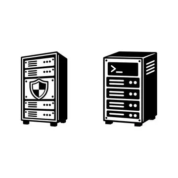 Black and white server rack icons with security and command symbols Stock Illustration