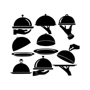 Black and White Serving Platter Silhouettes Set. Vector icon. Stock Illustration