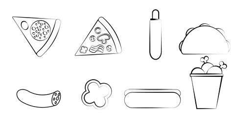 Black and white set of eight icons of delicious food and snacks items for a r Stock Illustration